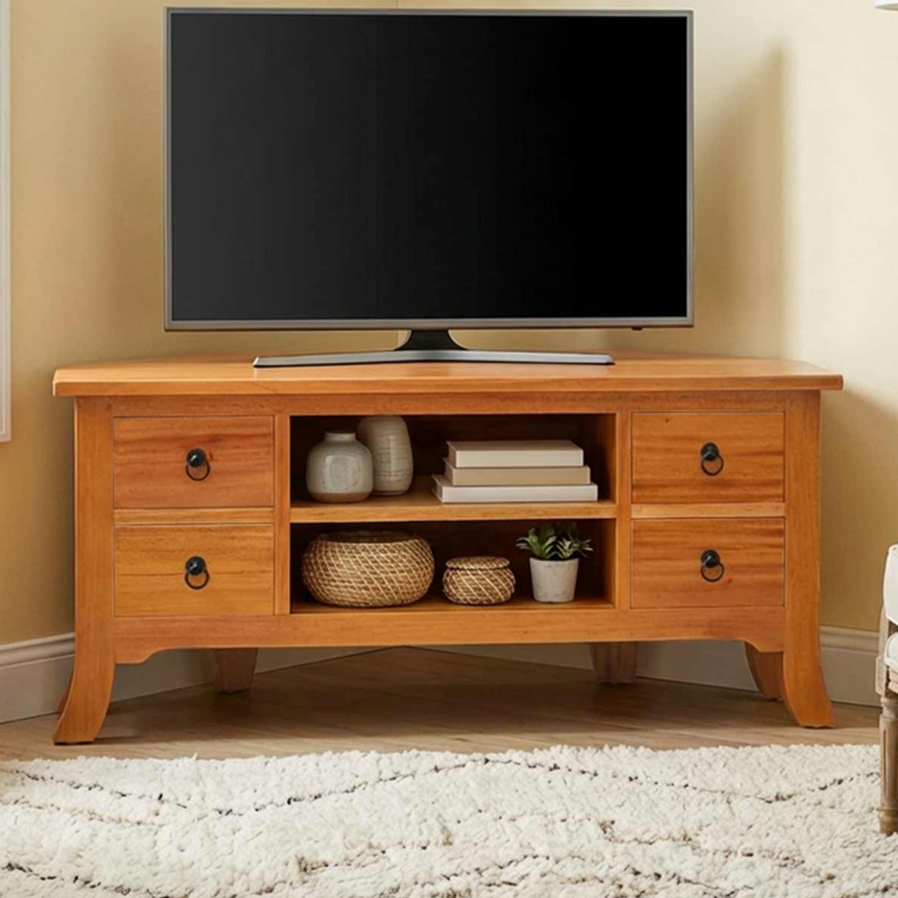 vidaXL 4 Drawer 2 Shelf Natural Solid Mahogany Wood TV Cabinet Image 1