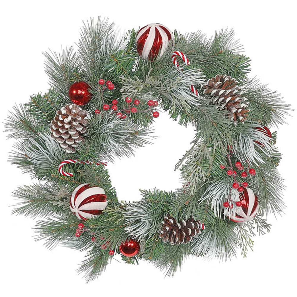 YouGarden Candycane Christmas Wreath with Pinecones Baubles and Frosted Berries 55cm Image 1
