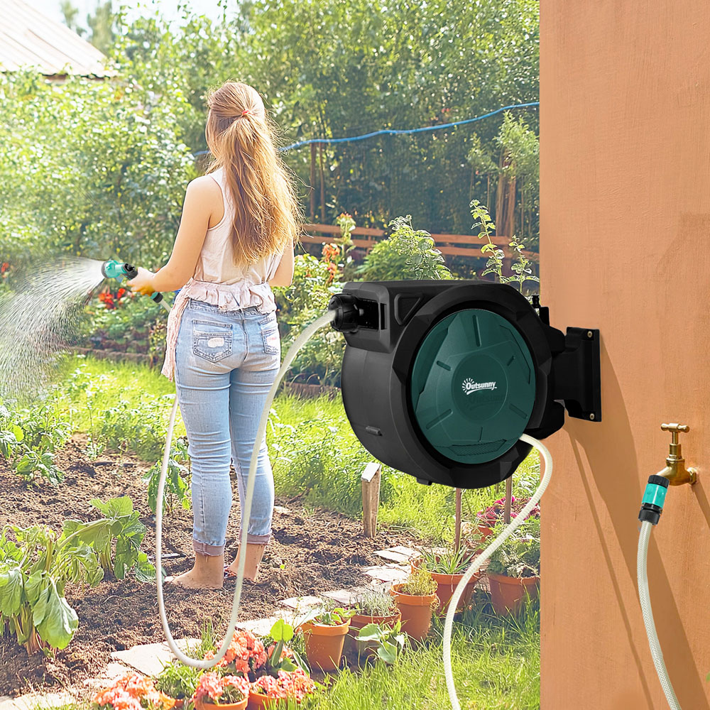 Outsunny Green Retractable Hose Reel Wall Mounted with Lock 30m Image 2