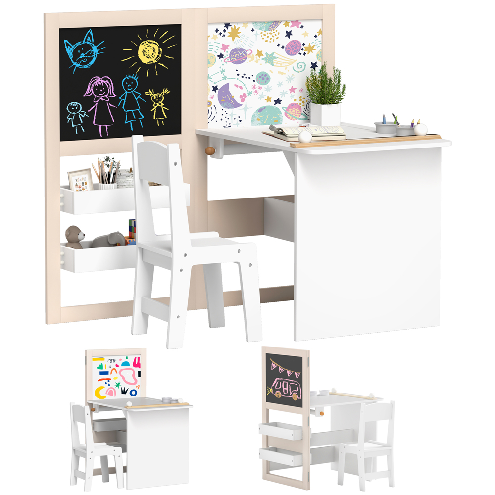 AIYAPLAY 3-in-1 White Kids Table and Chair Set with Whiteboard and Blackboard Image 2