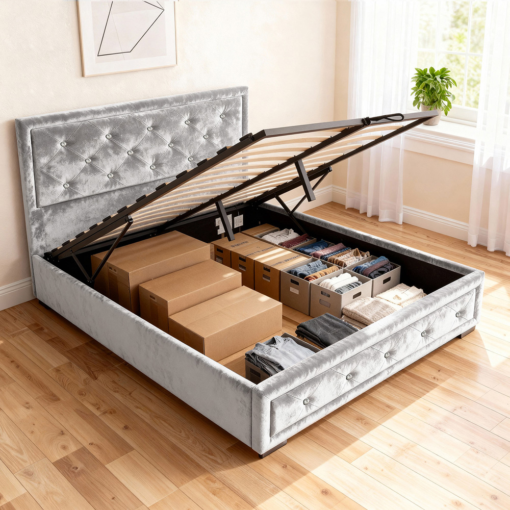 Brooklyn Double Silver Fabric Diamante Ottoman Bed Frame Image 3