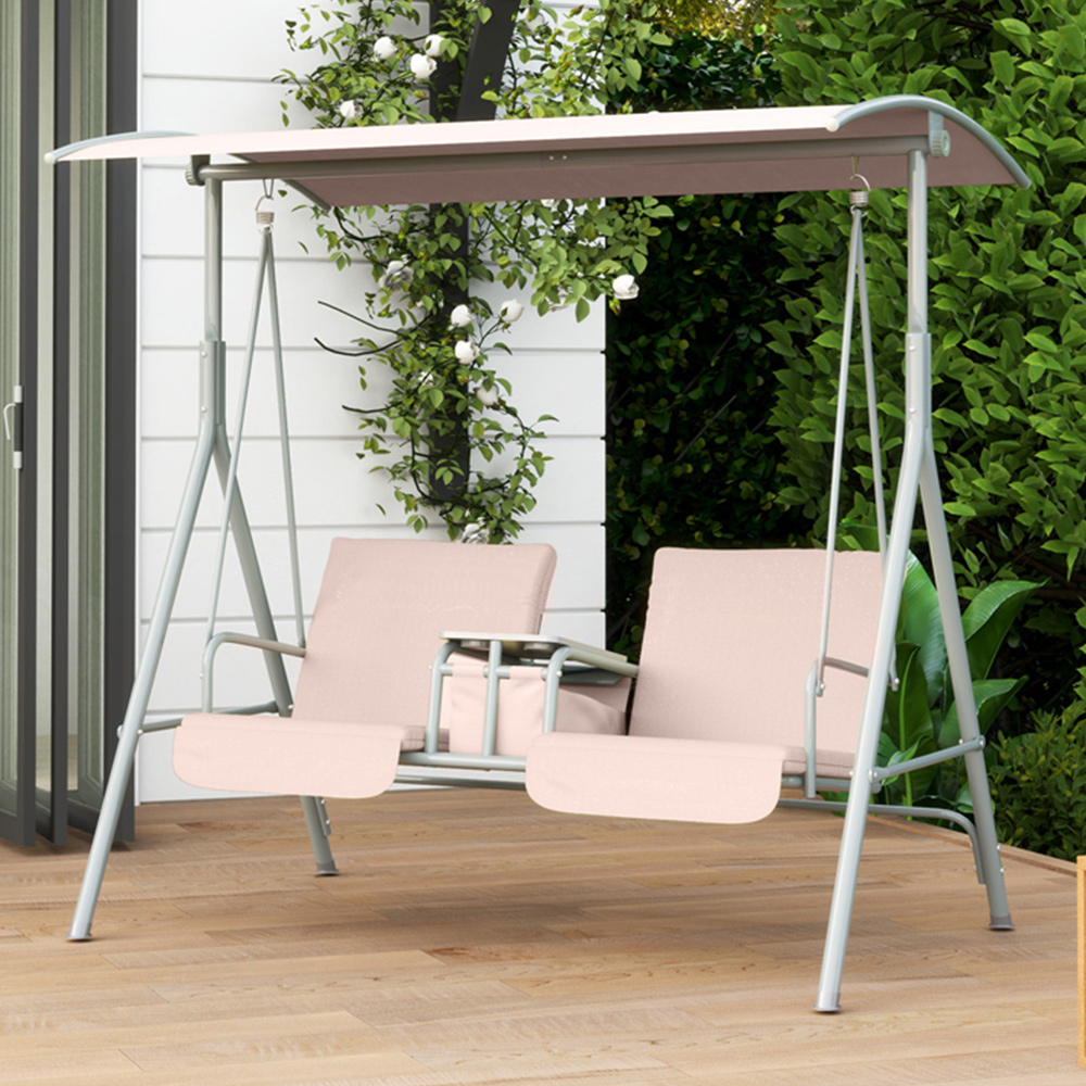 Outsunny 2 Seater Beige Covered Patio Swing with Pivot Table and Storage Console Image 1