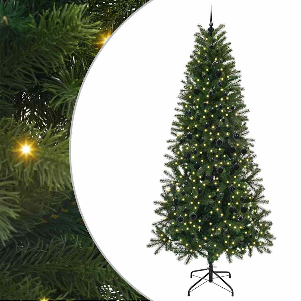 vidaXL Pre-Lit Black Baubles Green Artificial Christmas Tree 8ft Image 2