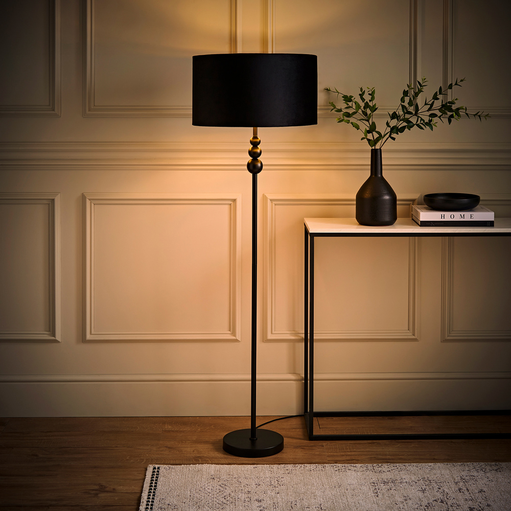 ValueLight Marissa Black Velvet Gold Inner Shade Black Stacked Ball LED Floor Lamp Image 6