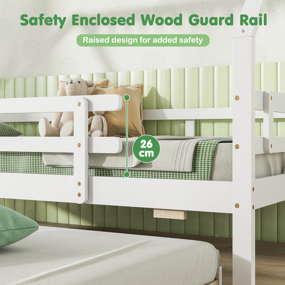 Costway Twin Size White Kids House Bed with Trundle with Safety Guardrails and Roof Image 5