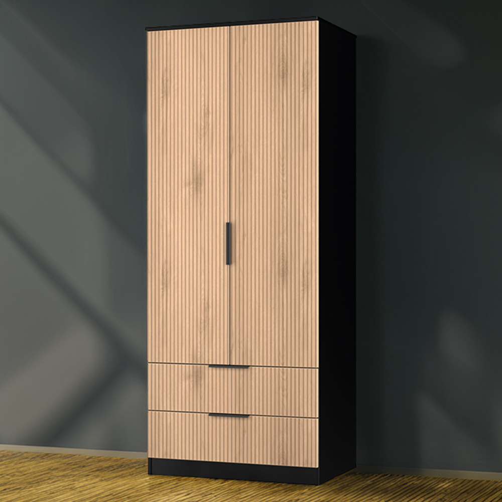 Crowndale Java 2 Door 2 Drawer Slatt Effect and Black Wardrobe Image 1