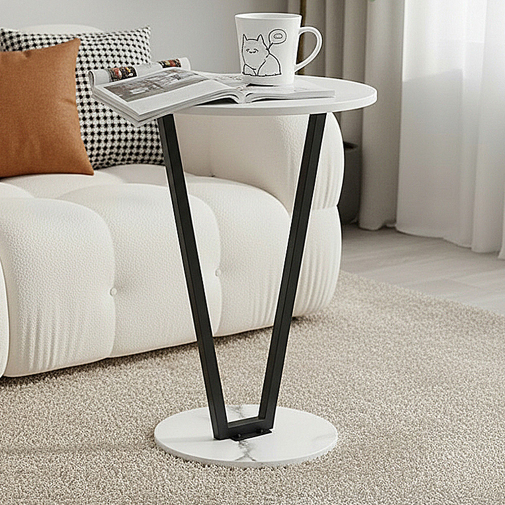 Living and Home White Marble Effect Round Side Table with Steel Frame Image 1