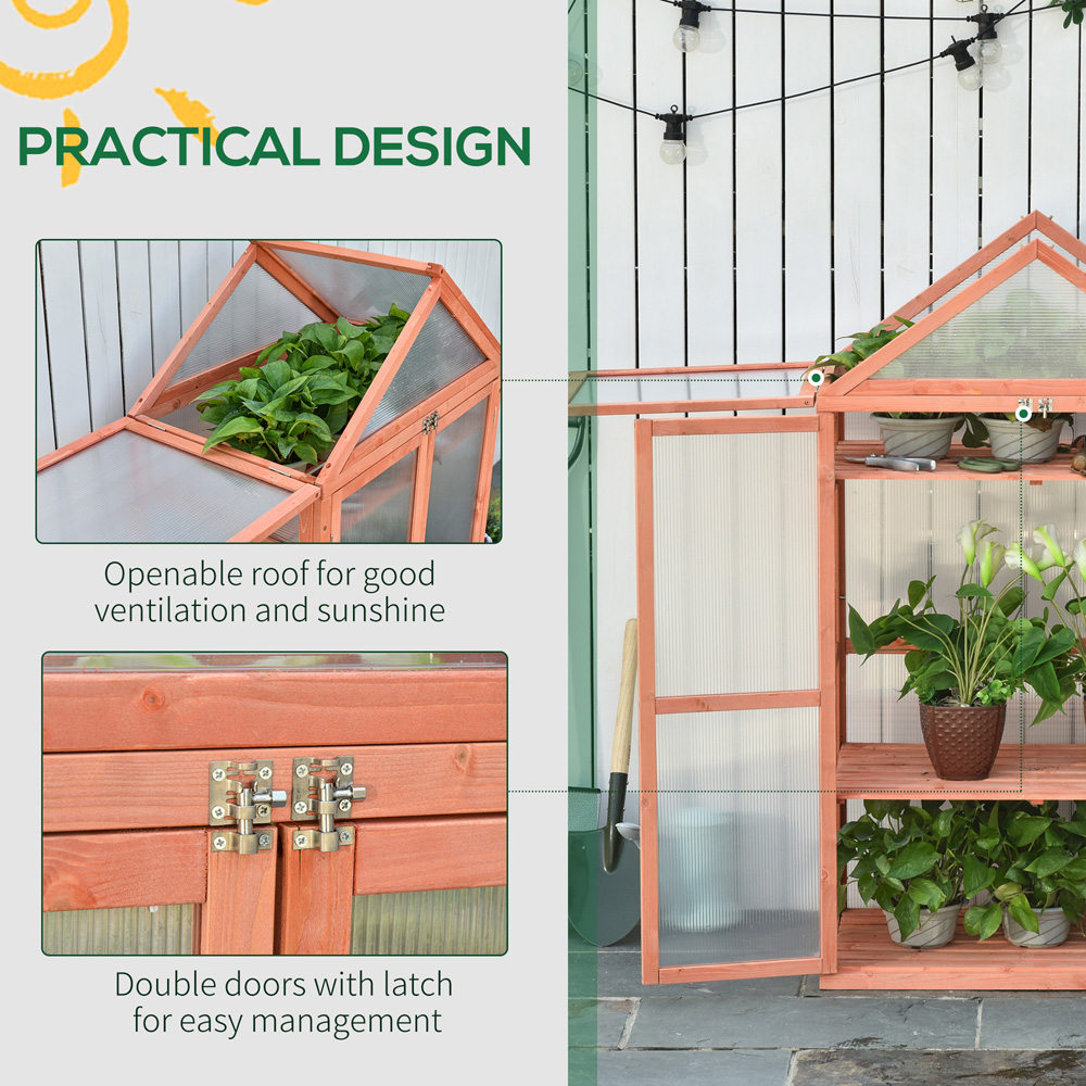 Outsunny 3 Shelf Orange Wooden Polycarbonate 2.6 x 1.5ft Cold Frame Greenhouse Image 6