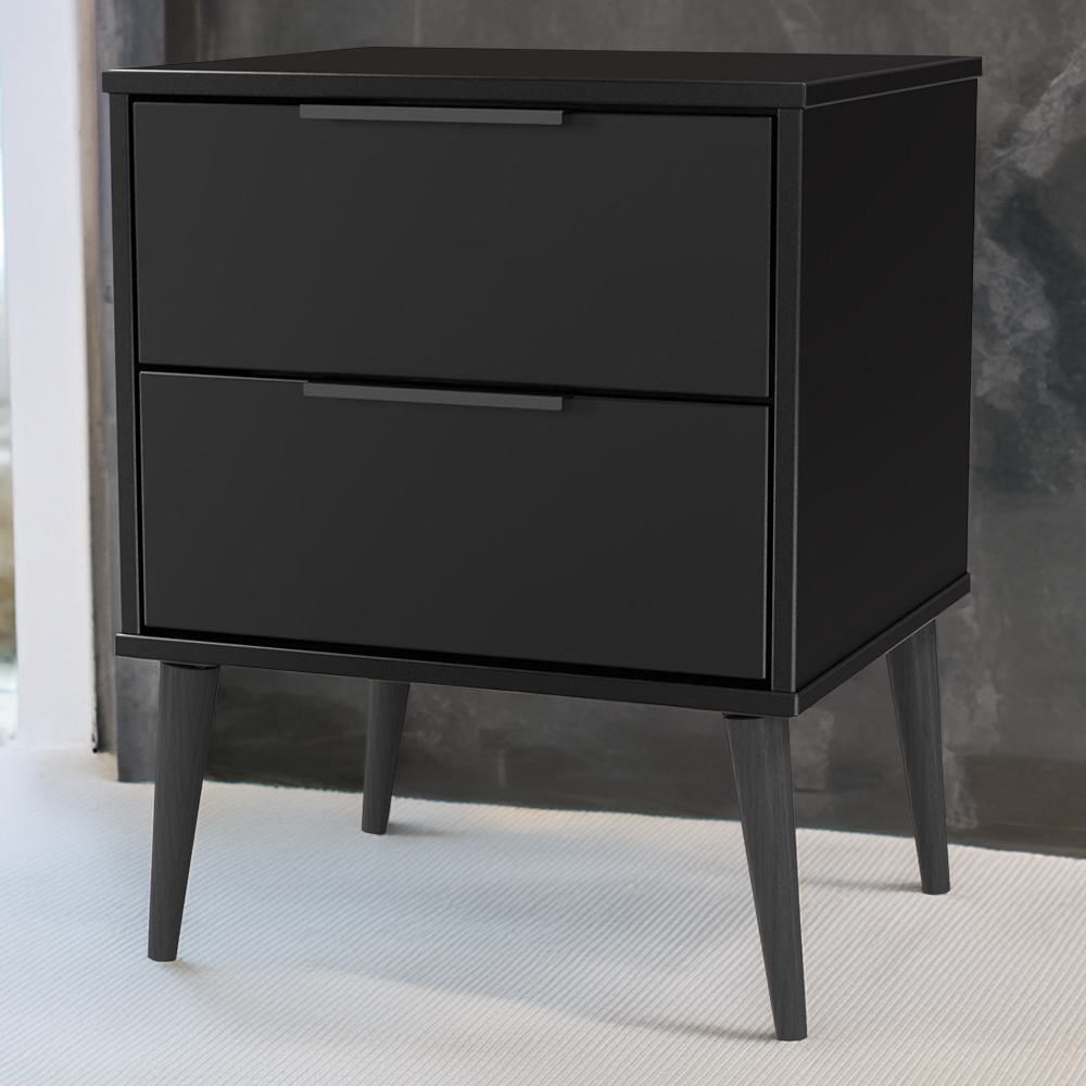 Crowndale Hong Kong 2 Drawer Matt Black Compact Bedside Cabinet Ready Assembled Image 1