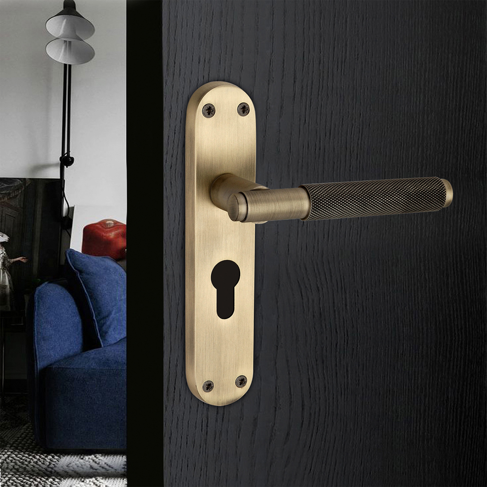 Spira Brass Connaught Matt Antique Knurled Lever Door Handle with Euro Backplate 2 Pack Image 2