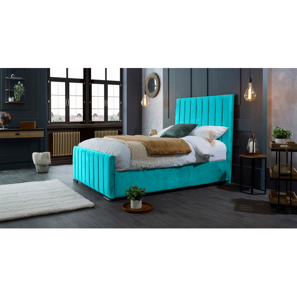 Eleganza Home Redding Double Teal Plush Velvet Bed Frame with Headboard Image 4