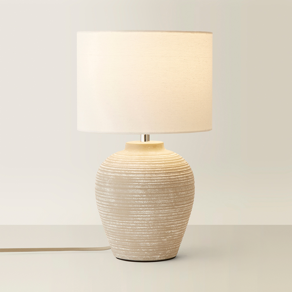 ValueLights Reid Linen Drum Lamp Shade Stone Grey Ribbed Ceramic Small LED Table Lamp Image 5