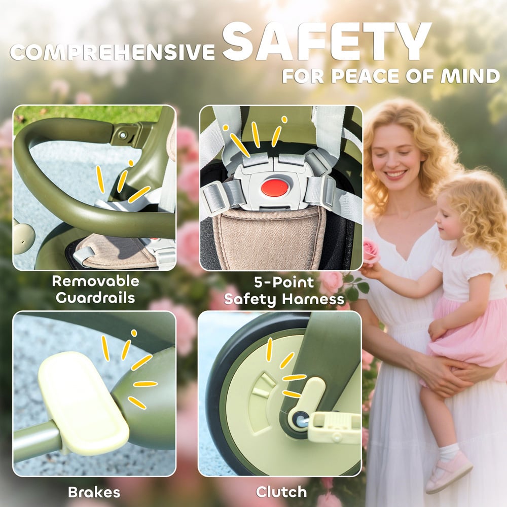 Tommy Toys 5-in-1 Toddler Dark Green 5 Point Harness Foldable Trike with Parent Handle Image 5