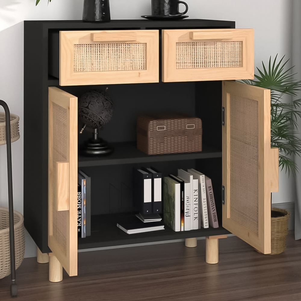 vidaXL 2 Door 2 Drawer Black and Natural Rattan Wooden Sideboard Image 1