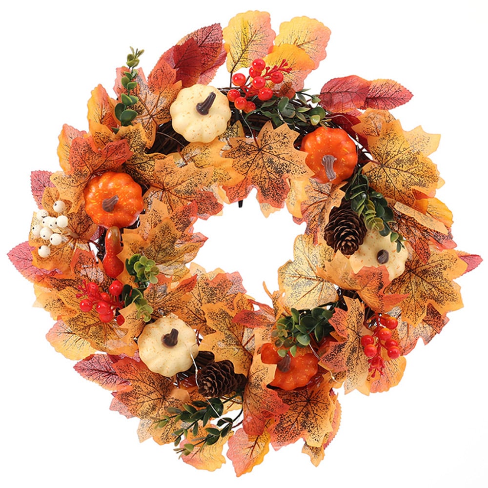 Living and Home LED Wreath with Maple Leaves Pumpkins and Berries 45cm Image 1