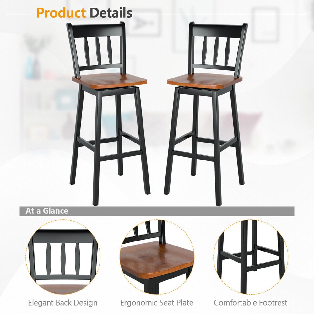 Costway Black Rubberwood Swivel Bar Stool Set of 2 Image 8