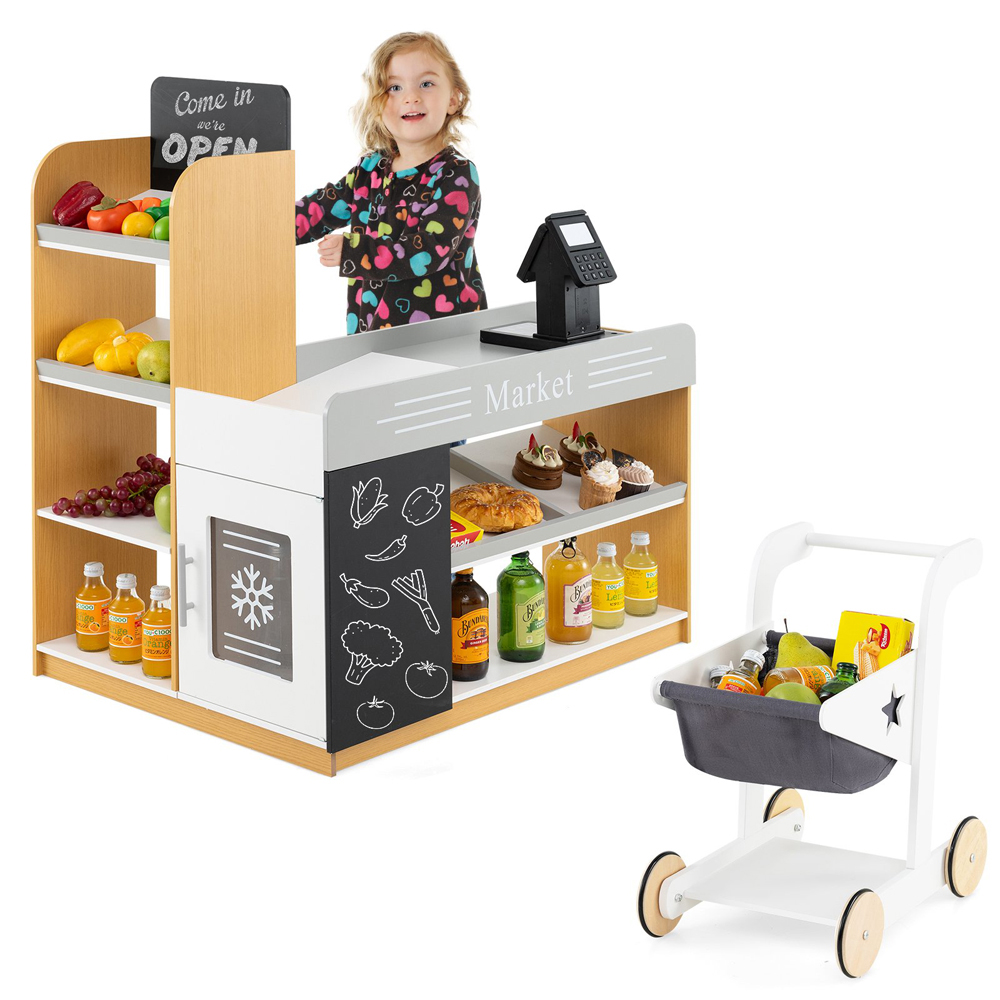 Costway White Pretend Grocery Store Play Set with Shopping Cart and 2 Chalkboards Image 3