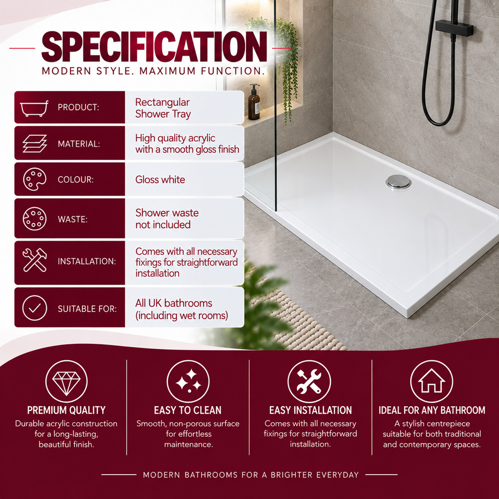 Go Bathrooms Delton 30mm White Low Profile Rectangular Shower Tray 900 x 800mm Image 6