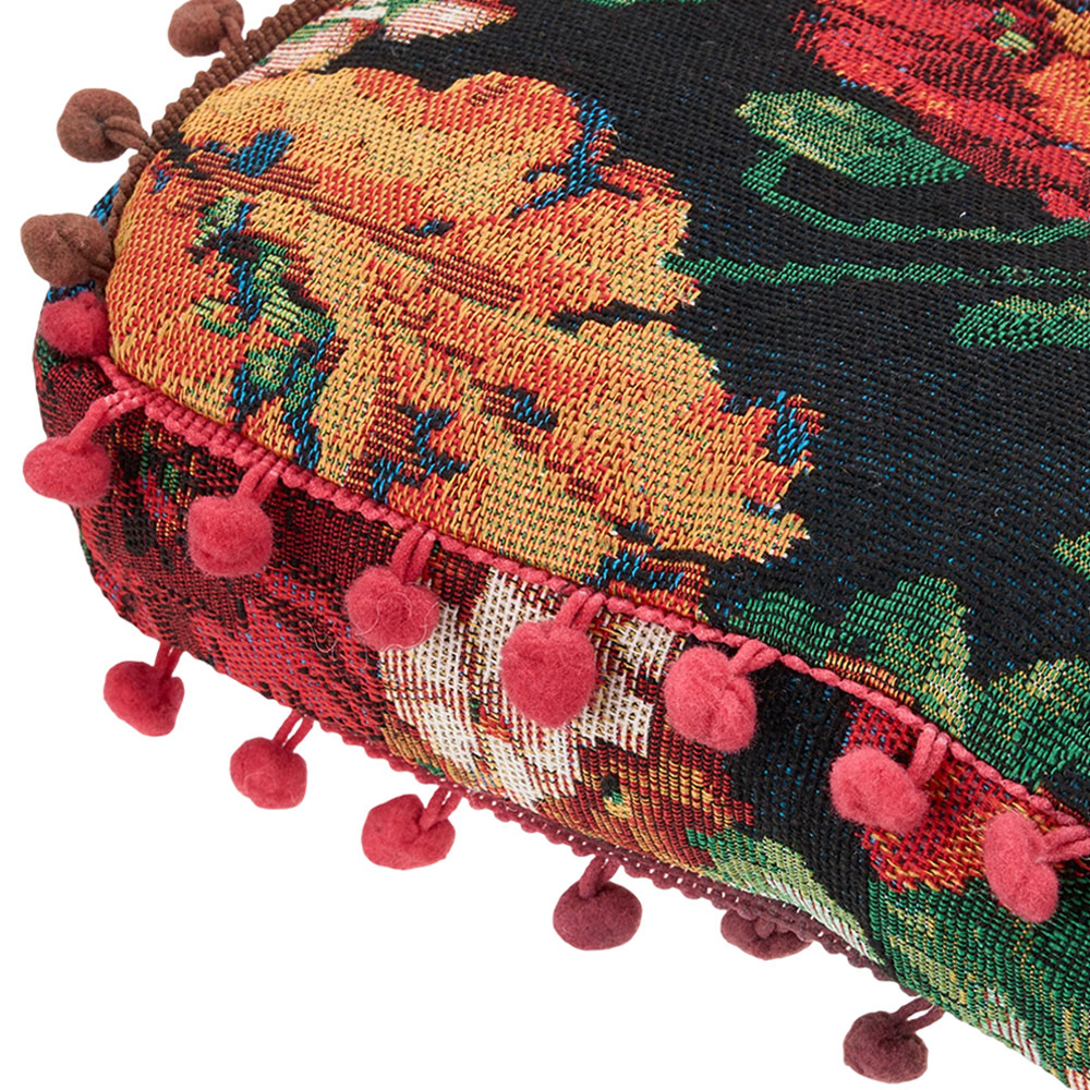 Living and Home Black Vintage Floral Embroidered Tatami Seat Cushion with Pom Poms 40 x 40cm Image 5