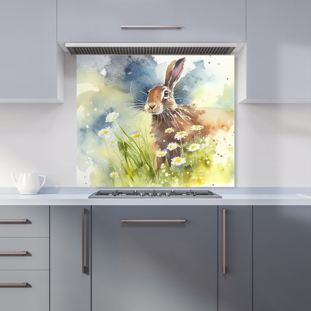 Warren Reed Designer Hare And Daisies Watercolour Glass Kitchen Splashback 75 x 90cm Image 1
