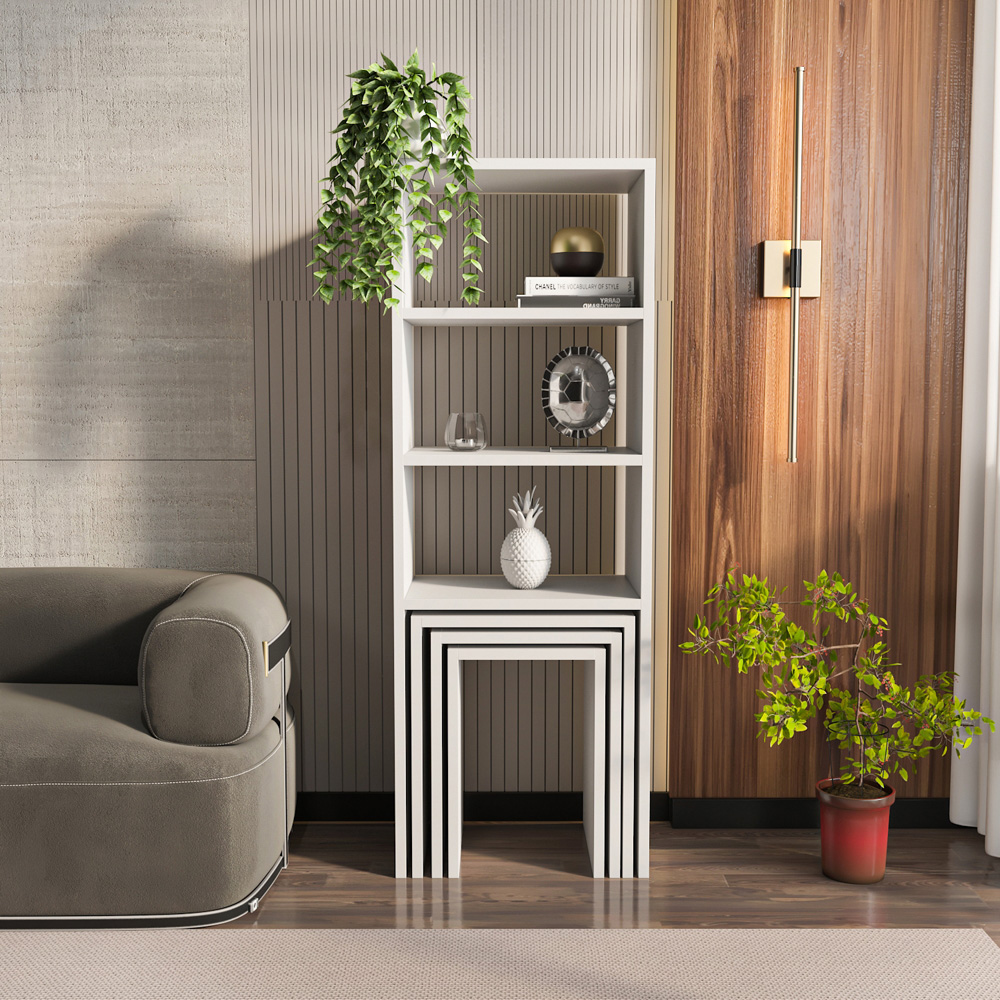 Decorotika Modern Melo 3 Shelf White Bookcase with Nest of Tables Set of 3 Image 8