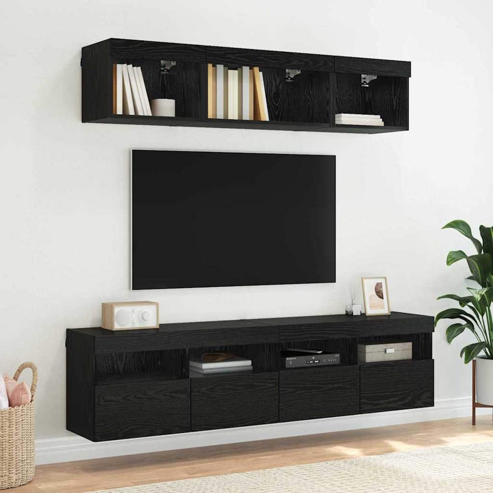 vidaXL 2 Door 2 Shelf Black Oak TV Cabinet with LED Lights Set of 2 Image 6