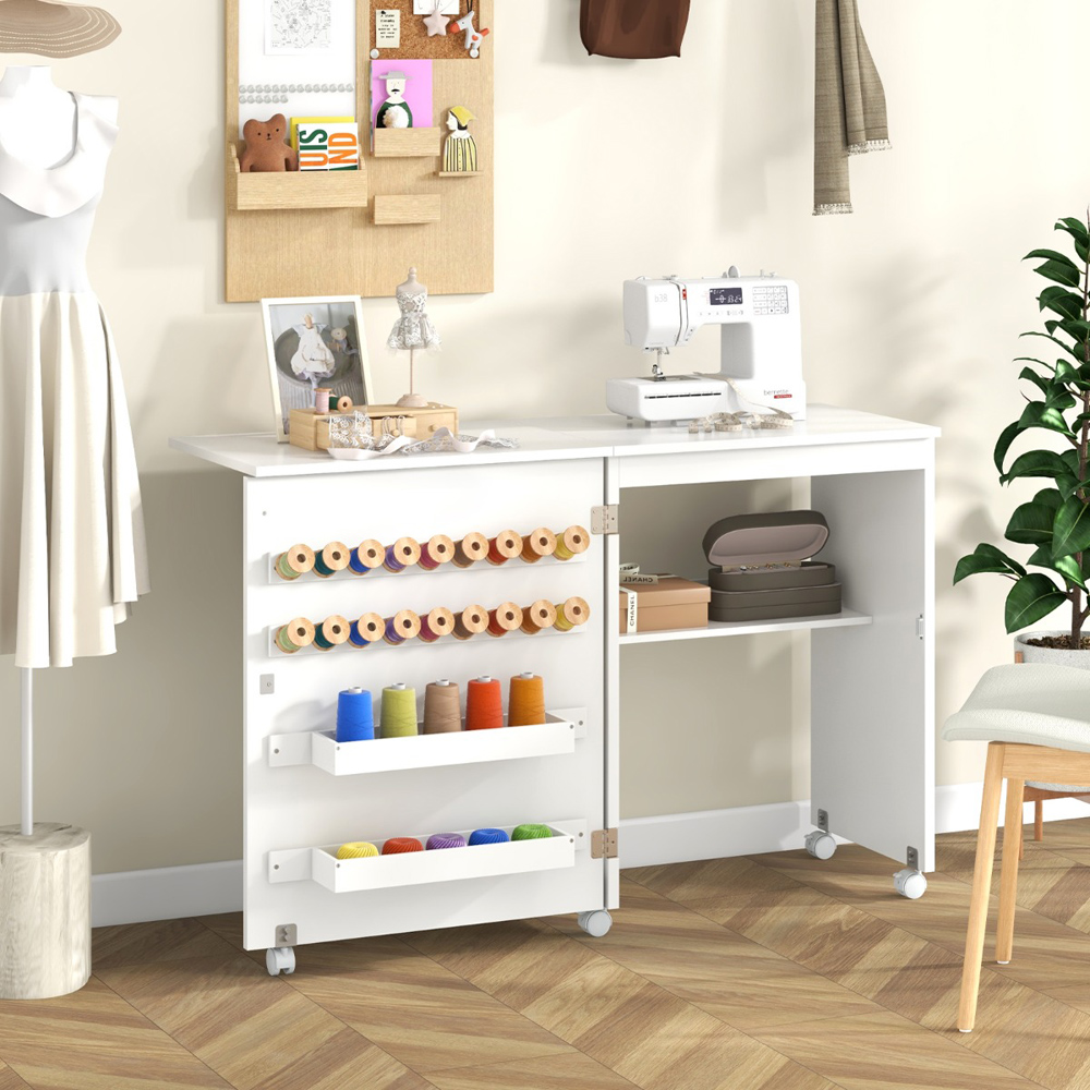 Costway Single Shelf 2 Tray White Folding Sewing Table with Wheels Image 5