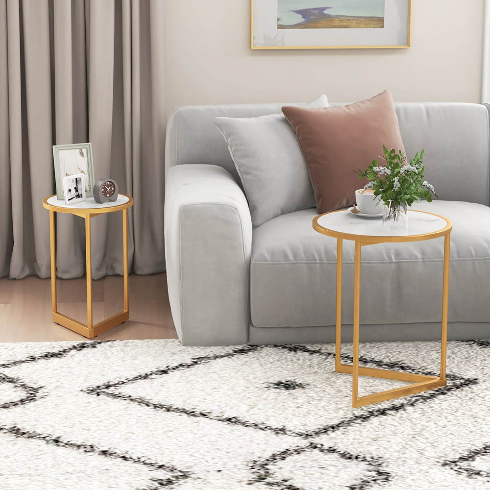 Costway White Faux Marble Tabletop Round Nest of 2 Tables Image 2