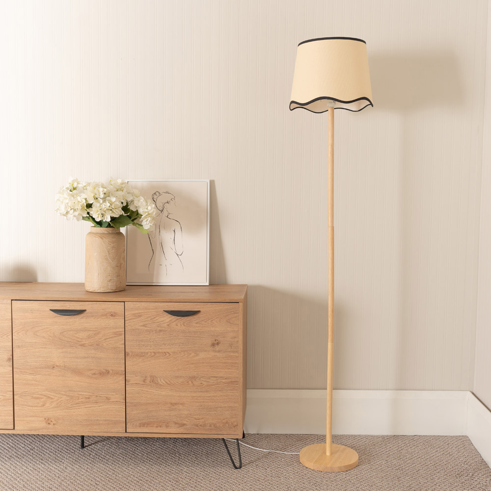 ValueLights Heather Scallop Black Trim Shade LED Light Wood Stem Floor Lamp Image 3