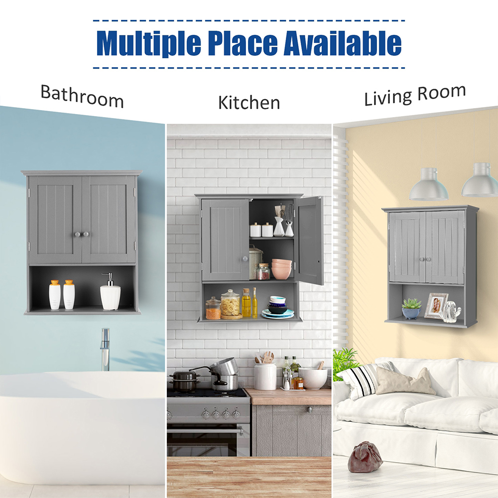 Costway 2 Door Single Shelf Grey Wall Mounted Storage Cabinet Image 6