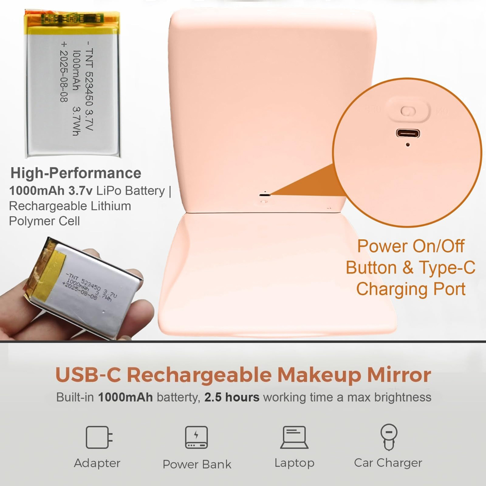 ATEK Pink Rechargeable LED Touch Control Makeup Mirror Image 5