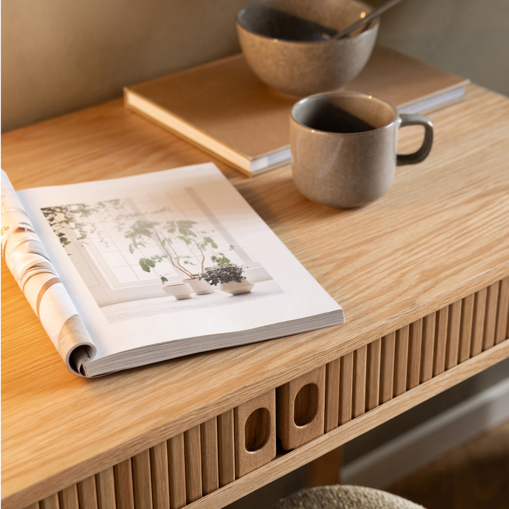 Florence Langley 2 Shelf Oak Office Desk with Sliding Door Image 6