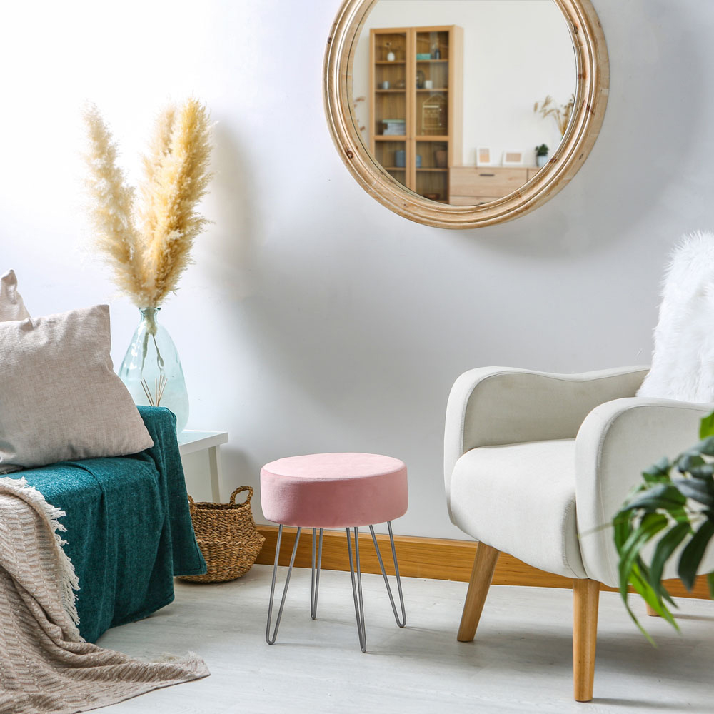 Harbour Housewares Pink and Silver Velvet Round Footstool with Storage Image 5