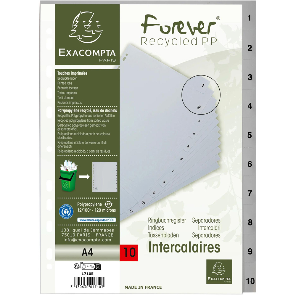 Exacompta A4 Grey Recycled Polypropylene 1-10 Divider 20 Pack Image 4