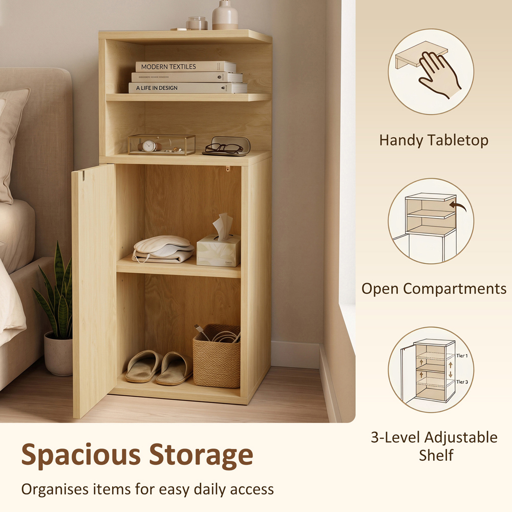 HOMCOM Single Door Oak Slim Bedside Table with Open Cubbies Set of 2 Image 6