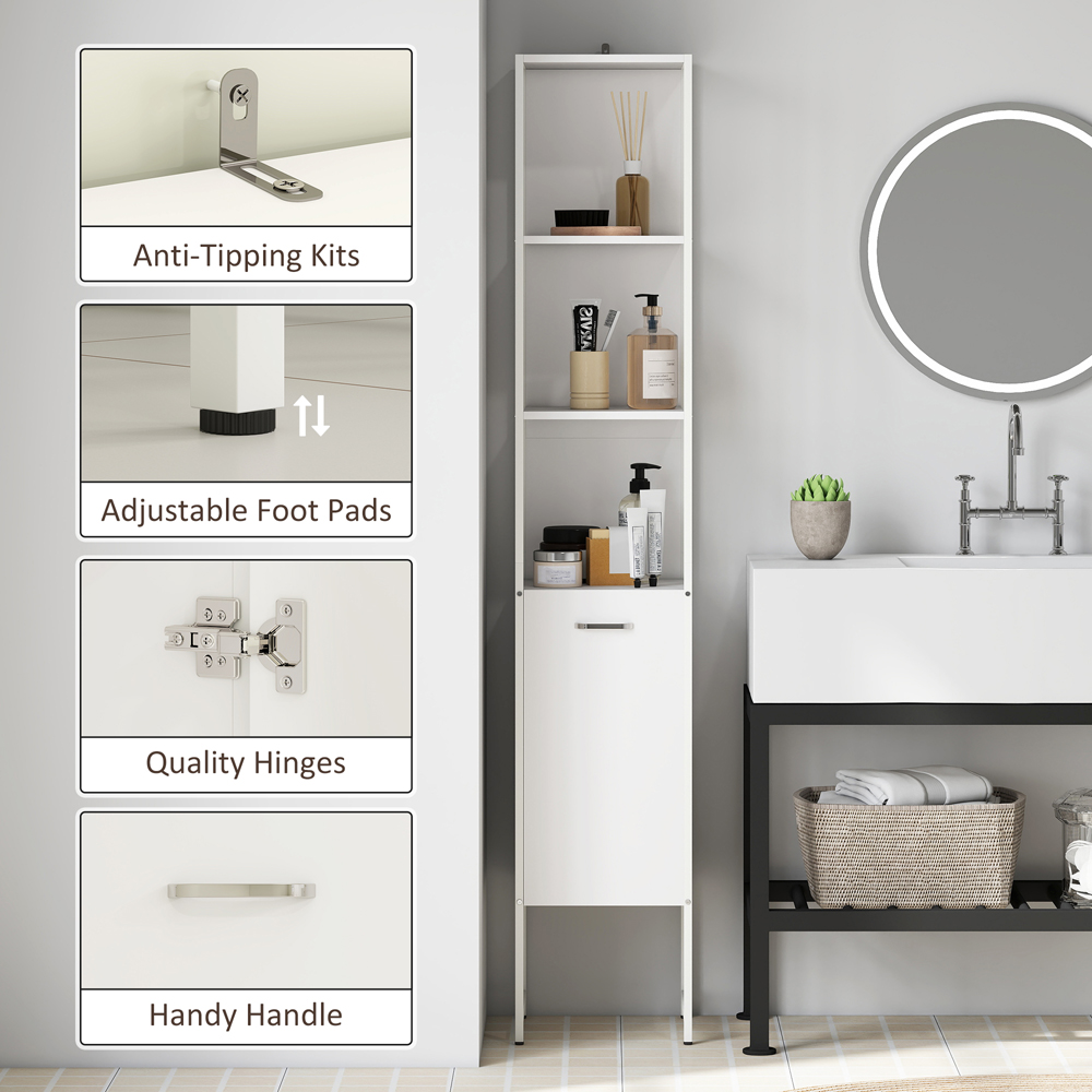 HOMCOM Single Door 3 Shelf White Adjustable Tall Bathroom Cabinet Image 6