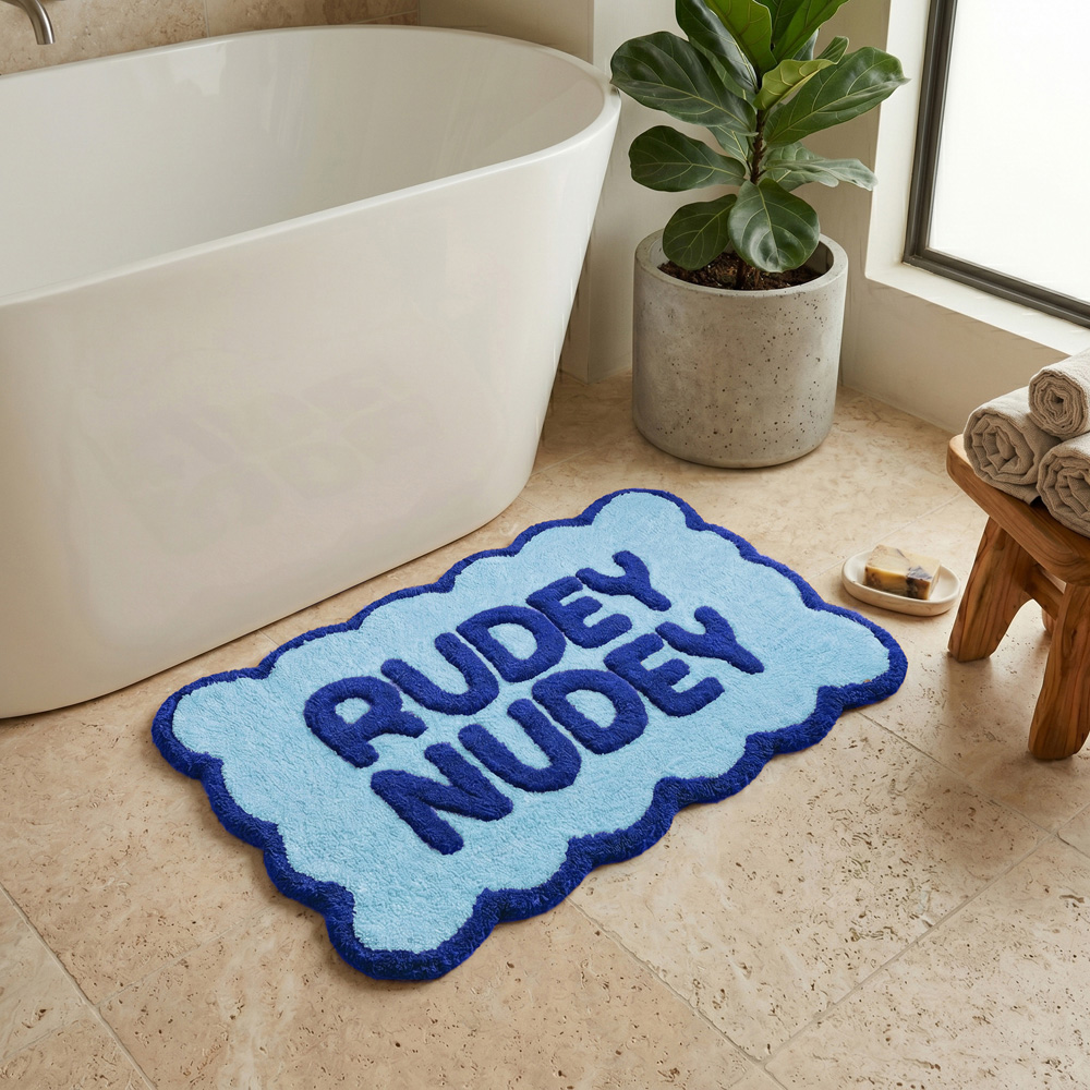 Allure Bath Fashions Blue Rudey Nudey Slogan Scalloped Non-Slip Bath Mat 50 x 80cm Image 5