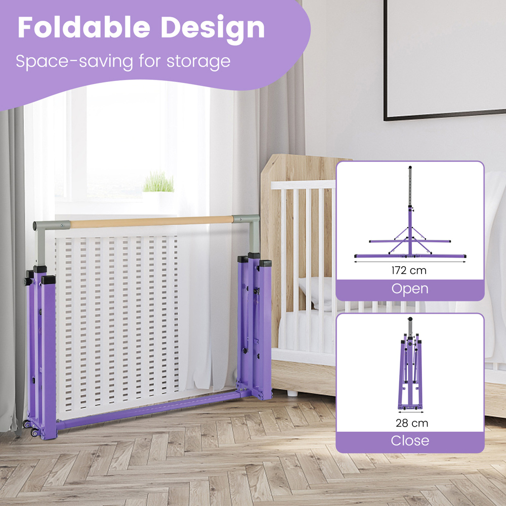 Costway Purple Kids Height Adjustable Foldable Gymnastics Bar Image 4