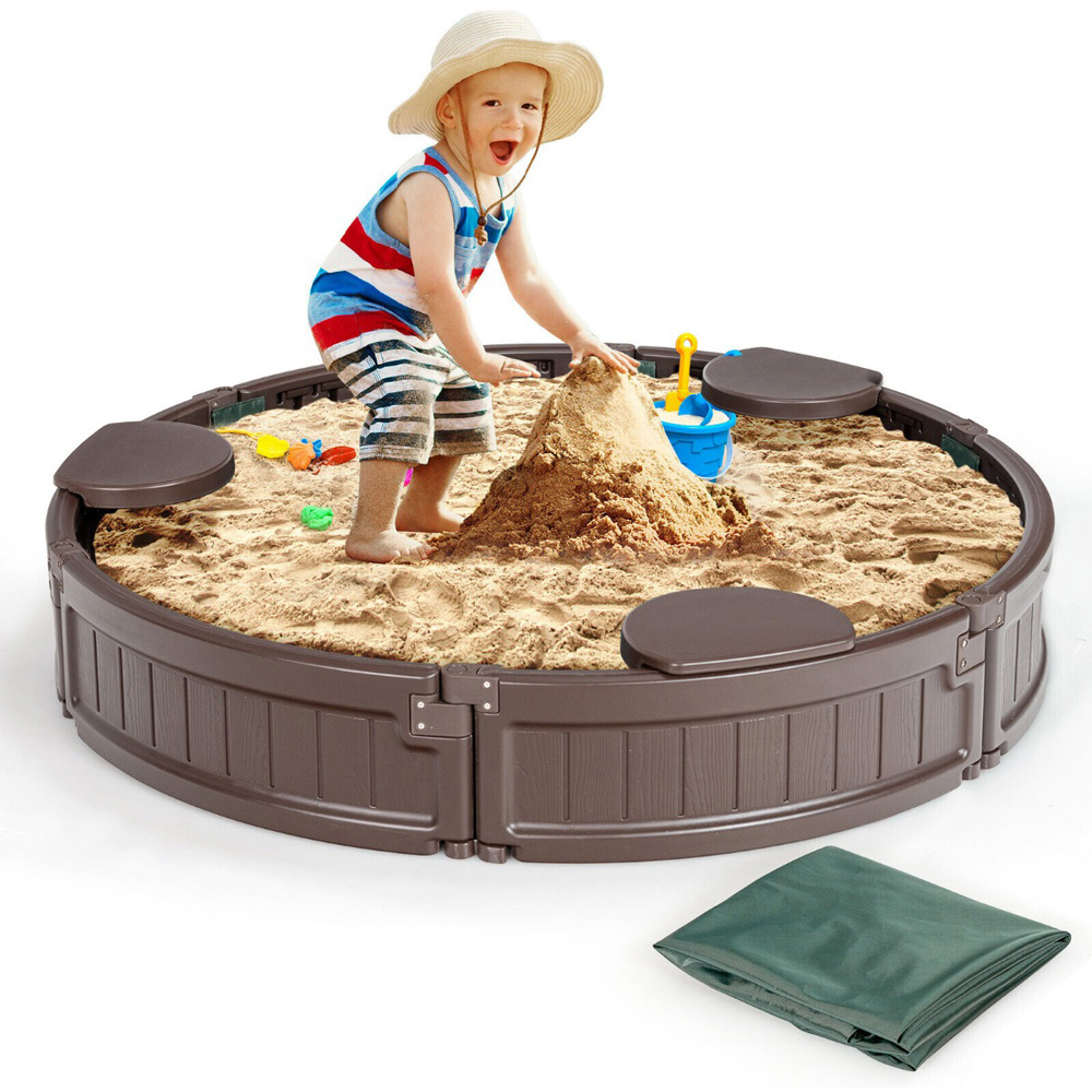 Costway Brown Round Sandpit with Waterproof Cover Image 3
