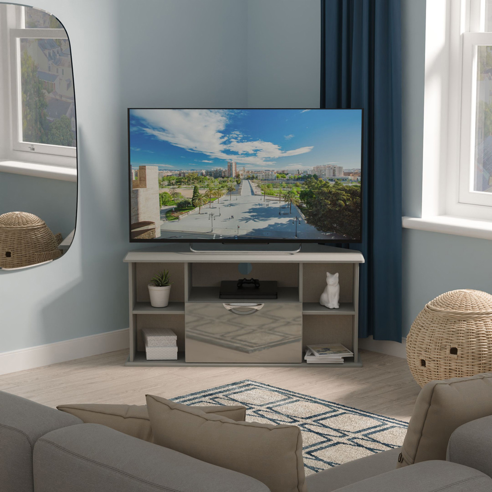 Crowndale Camden Single Drawer 5 Shelf Grey Gloss and Dusk Grey Corner TV Unit Ready Assembled Image 7