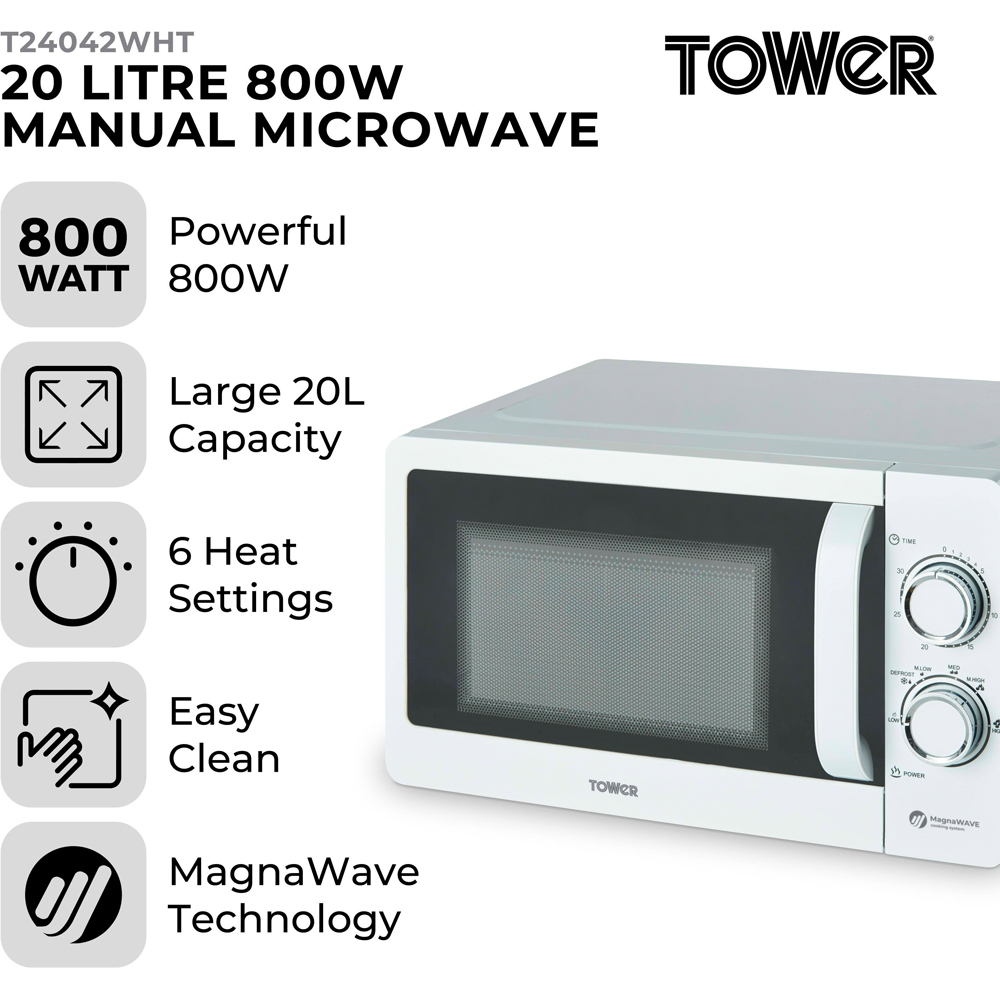 Tower T24042WHT White 20L Manual Microwave Image 6
