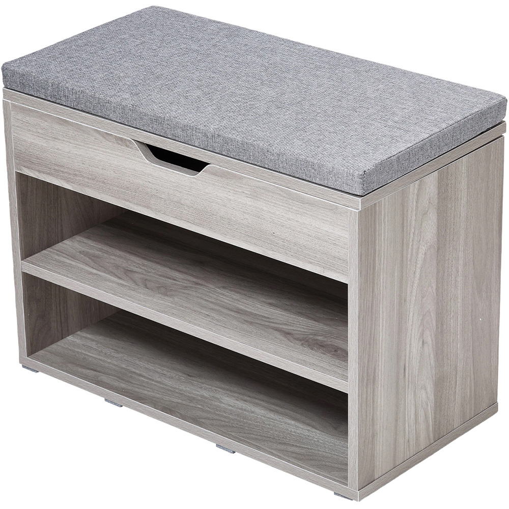 Living and Home 2 Open Shelf Grey Linen Shoe Bench with Lift-Up Lid Image 2