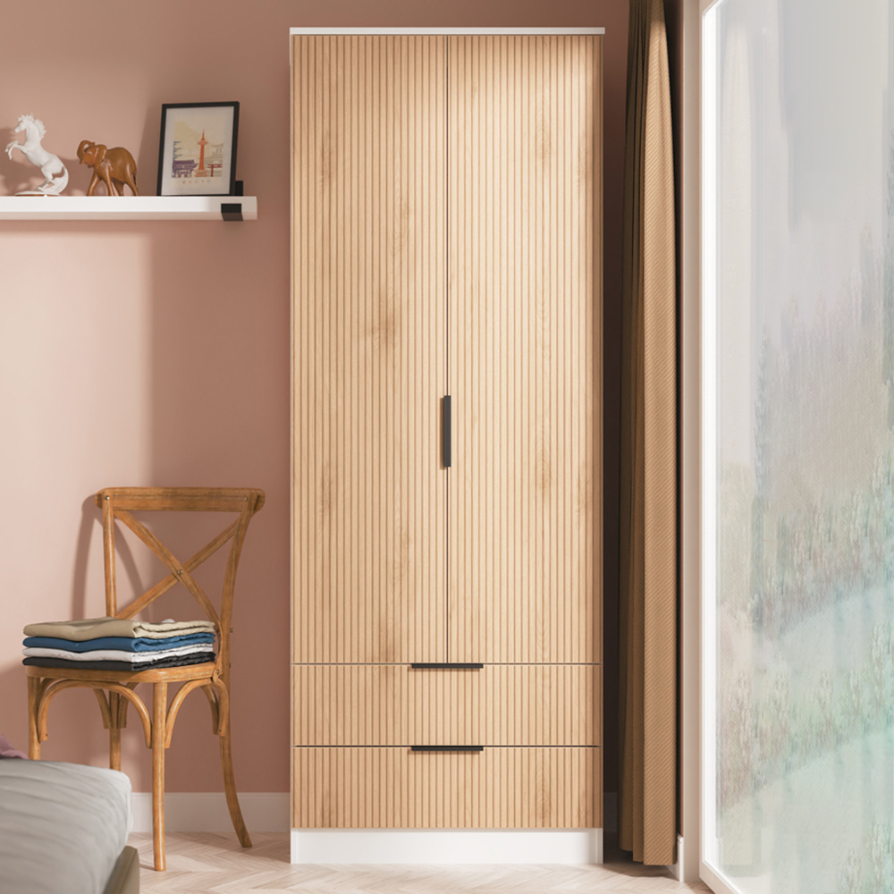 Crowndale Java 2 Door 2 Drawer Slatt Effect and White Tall Wardrobe Ready Assembled Image 1