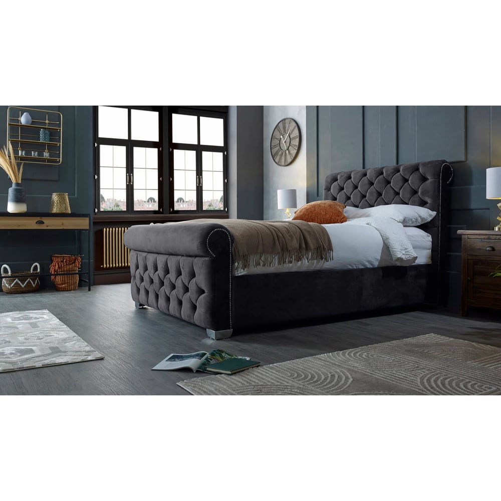 Eleganza Home Veneta King Size Steel Plush Velvet Bed Frame with Chesterfield Headboard Image 5