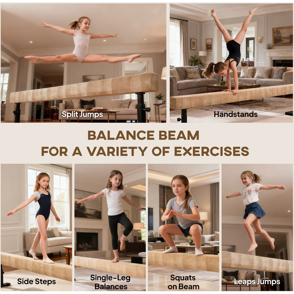 HOMCOM Natural Adjustable Gymnastics Balance Beam with Wheels Image 7
