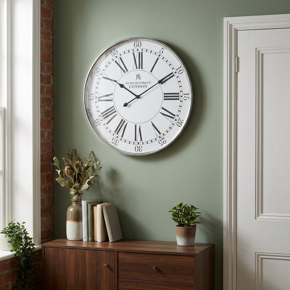 Silver 49 Bond Street London Round Wall Clock 68cm Image 4