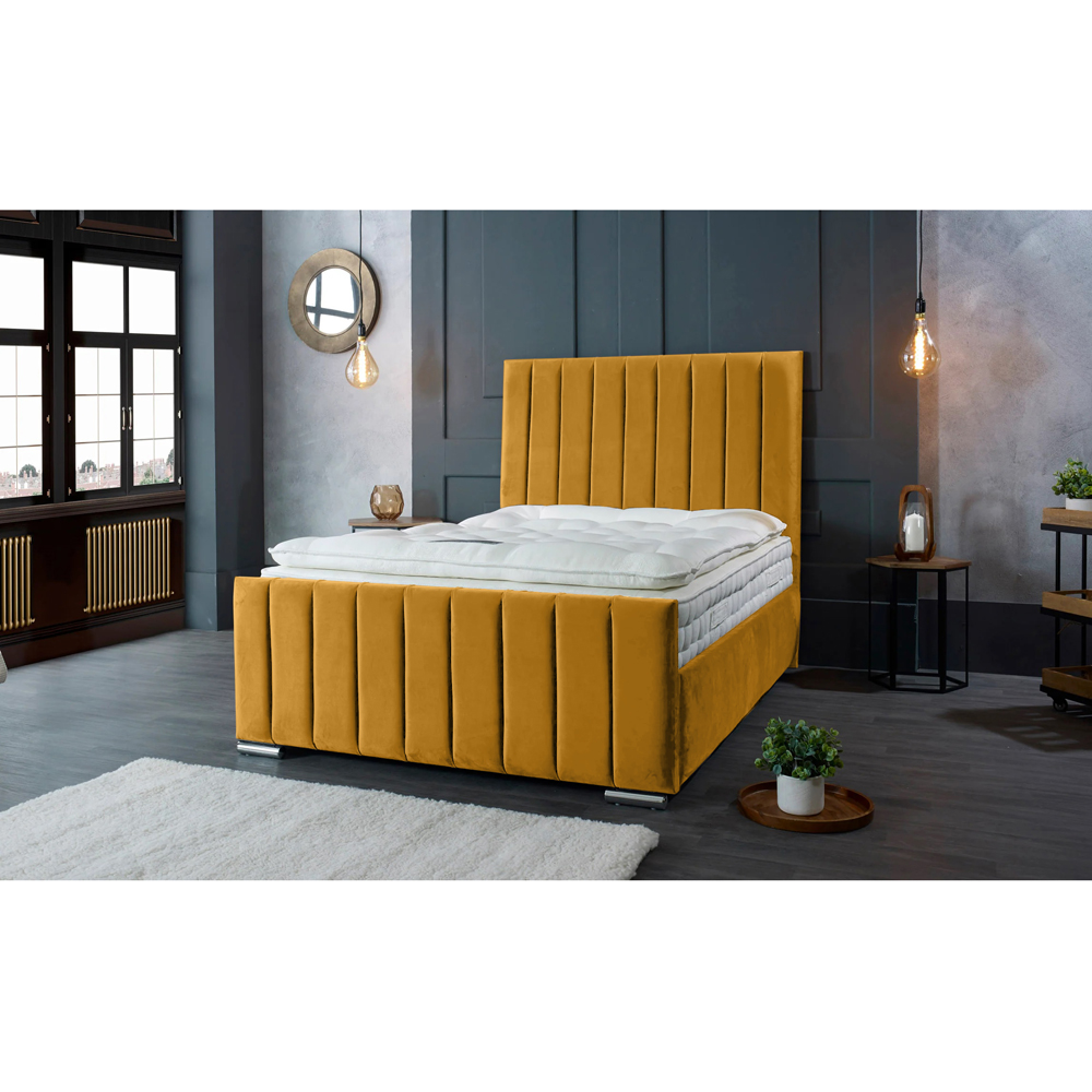 Eleganza Home Redding Double Mustard Plush Velvet Bed Frame with Headboard Image 5