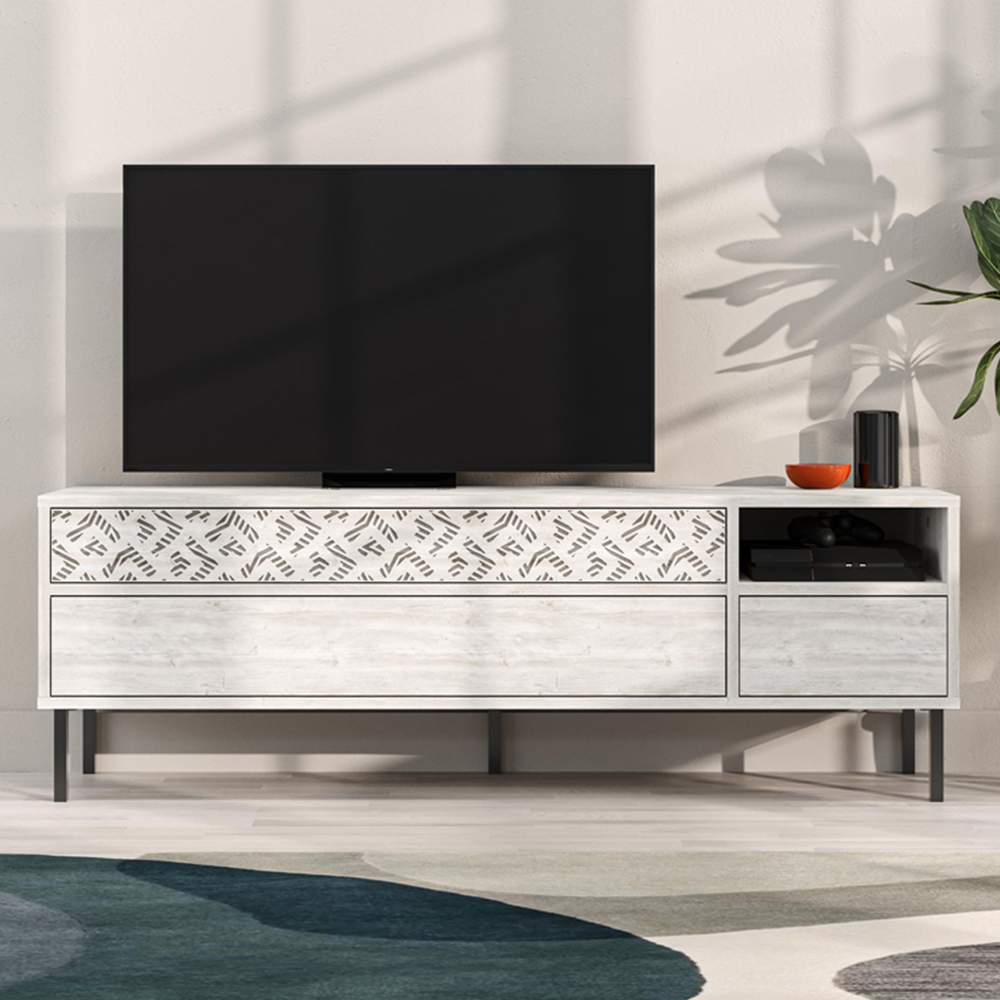 Decortie Heaton 3 Drawer Single Shelf Ancient White TV Stand Image 1