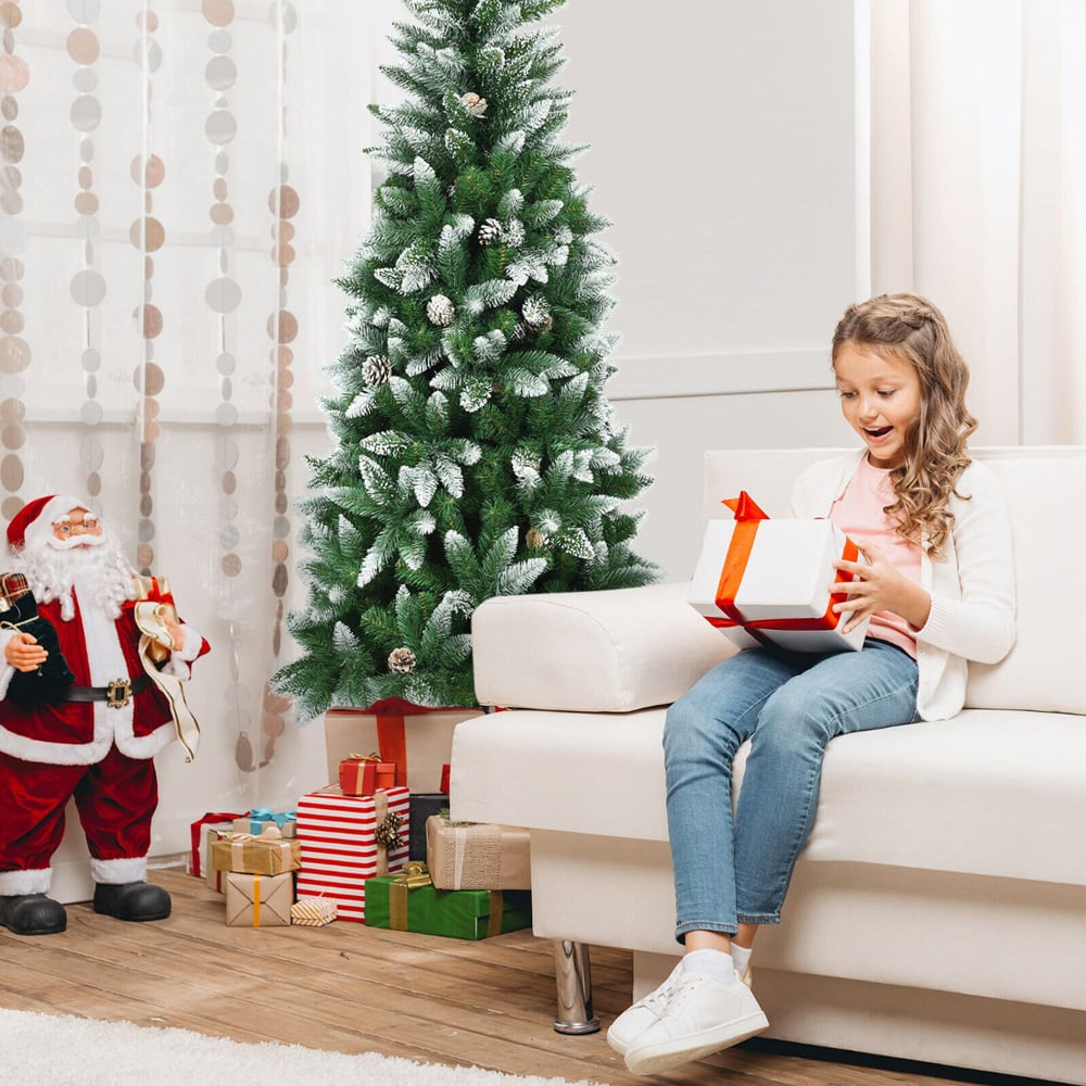 Costway Snow Flocked Pencil Artificial Christmas Tree with Pine Cones 6ft Image 2