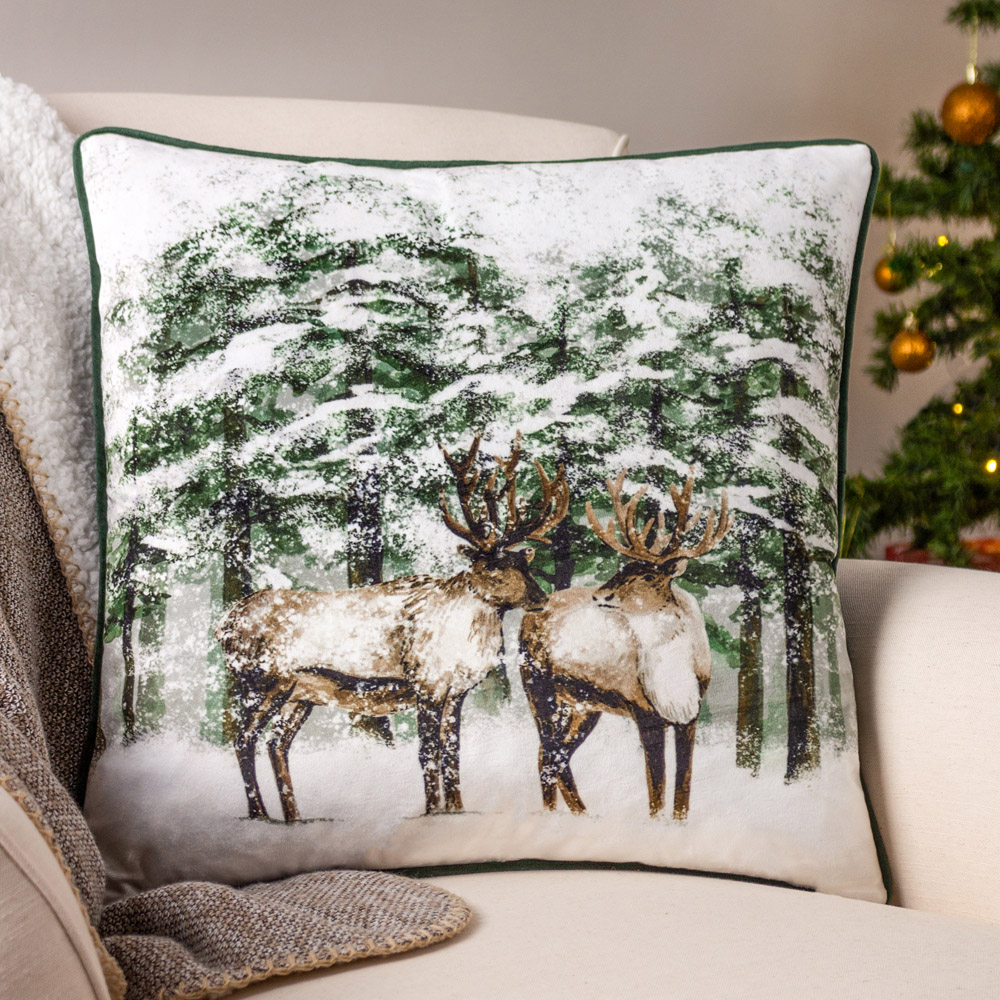 furn. Classic Green Reindeer Velvet Piped Cushion Image 4